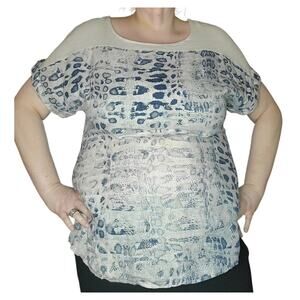 Lungo Larno 100% Linen Top 1X Blue Snakeskin Print Short Sleeve Boho Resort Plus